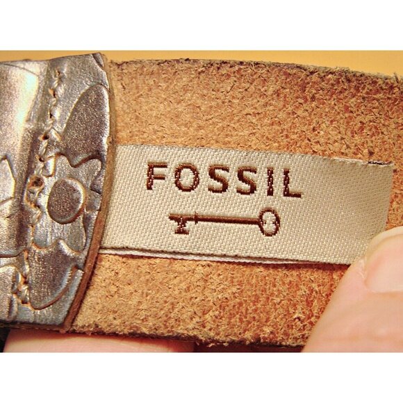 Fossil Bronze Metallic Floral Stamp Genuine Leather Belt Boho Dress Western Sz L - Picture 4 of 12